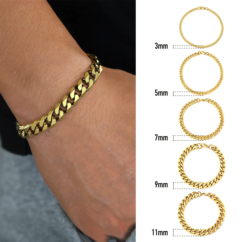 Мужские s Wo мужские s браслеты из нержавеющей стали, мужской браслет, Снаряженная кубинская цепочка, браслет, золотой тон, не выцветает, 3, 5, 7, 9, 11 мм, ювелирные изделия LKBM218