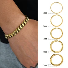Мужские s Wo мужские s браслеты из нержавеющей стали, мужской браслет, Снаряженная кубинская цепочка, браслет, золотой тон, не выцветает, 3, 5, 7, 9, 11 мм, ювелирные изделия LKBM218