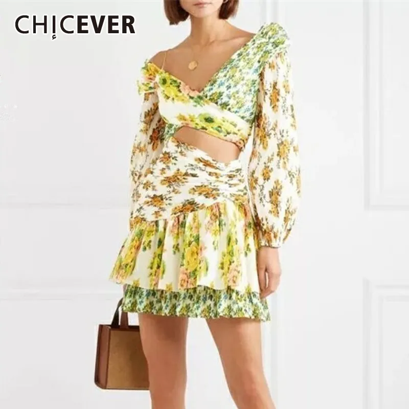 

CHICEVER Print A Line Women's Dress Asymmetrical Collar Lantern Sleeve Off Shoulder Hollow Out Dresses Female Fashion New Autumn