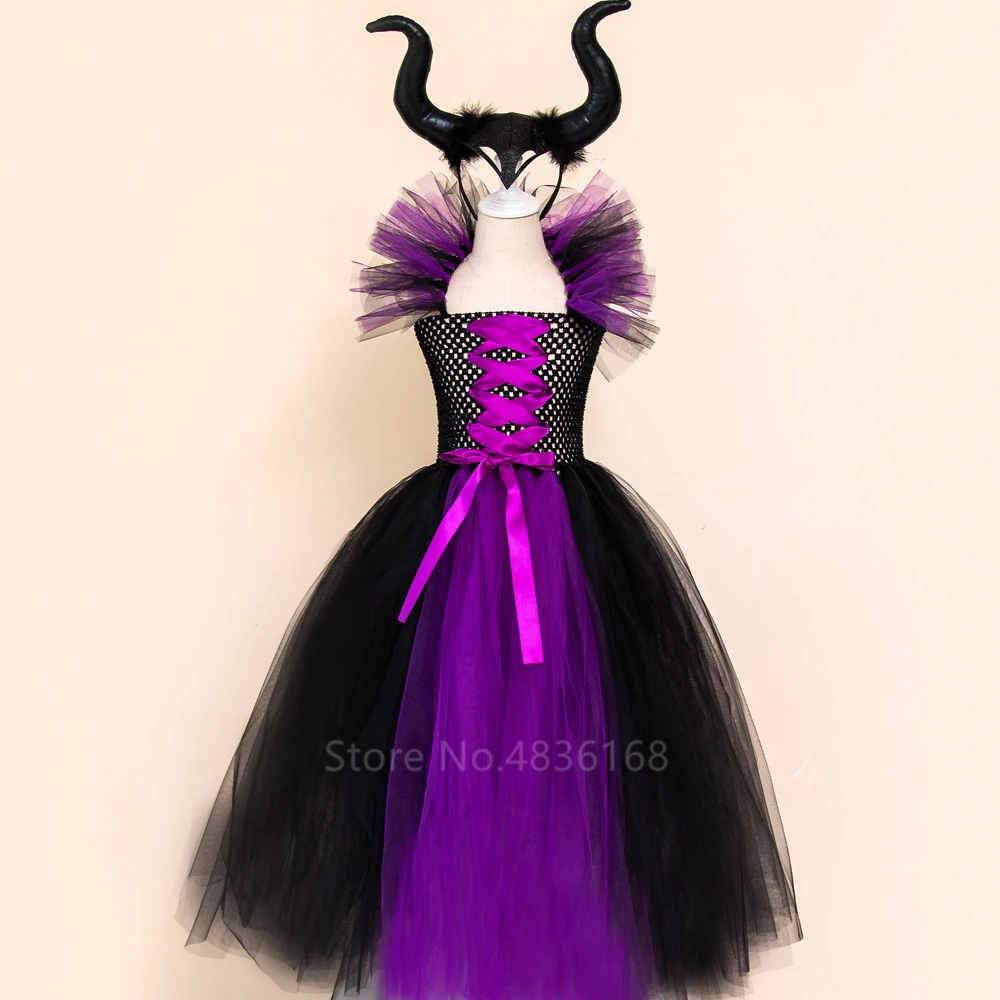 Maleficent of Evil queen/юбка-пачка для девочек; платье с рогами; костюм ведьмы на Хэллоуин; карнавальные вечерние костюмы для девочек