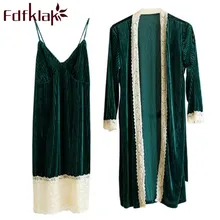 Fdfklak Золотой бархатный ночной халат для женское вечернее платье осеннее ночное белье Комплект зеленое кружевное сексуальное ночное белье 2 шт. одежда для сна