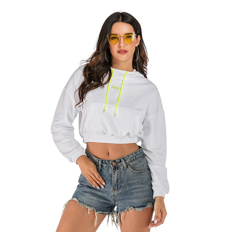 

2020 Autumn And Winter Fashion Ladies Solid Color Casual Letter Printing Drawstring Hooded Short Hoody ђди