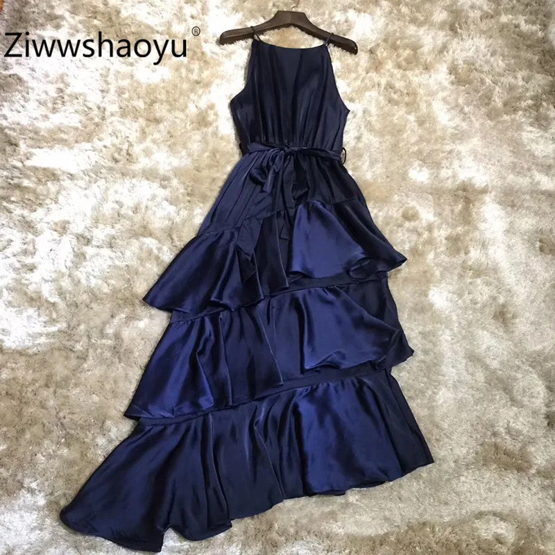 Ziwwshaoyu, высокое качество, модное, летнее, многослойное, с рюшами, сексуальные, вечерние, на тонких бретелях, длинное платье для женщин
