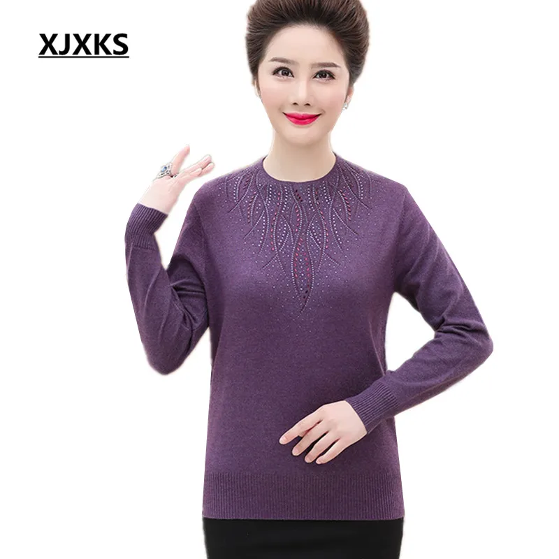 

XJXKS 2019 winter new warm comfortable cashmere knitted sweater women pullover loose plus size fashion diamond women sweater