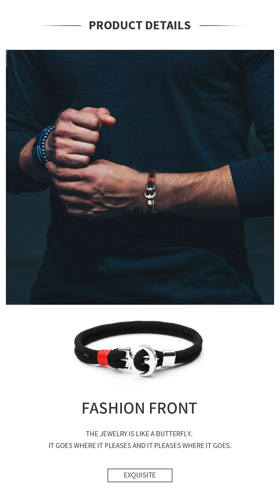 HOMOD модный мужской браслет с металлическими спортивными крючками черного цвета, браслеты с якорем для мужчин, Очаровательная цепочка для выживания