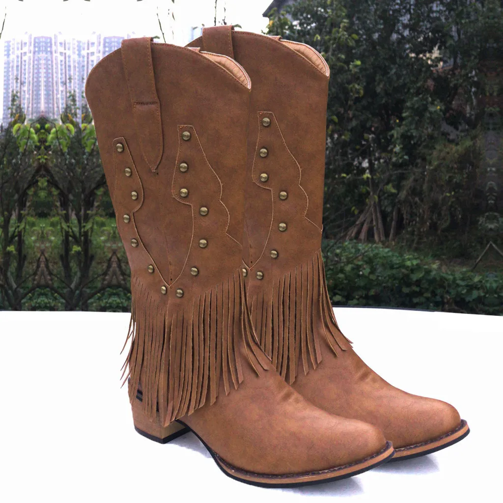 

Fringed metal elastic thick with round head Zipper boots Solid color casual western cowboy boots winter Flat boots women 2019