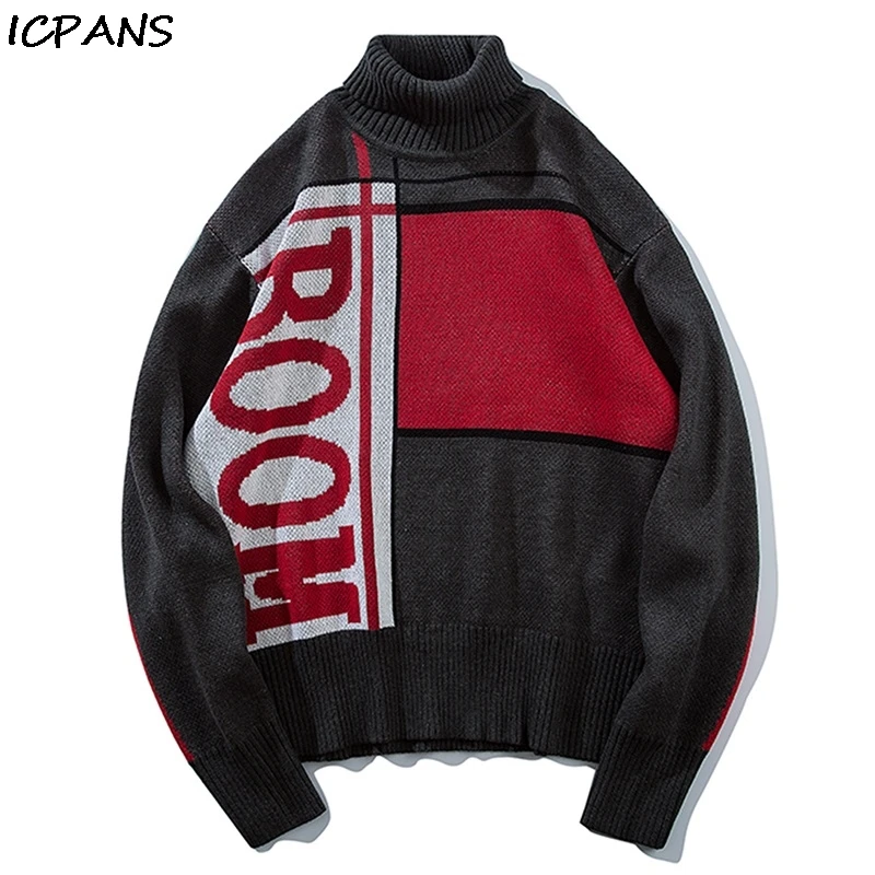 

ICPANS Mens Pullover Turtleneck Unisex Patchwork Sweaters Mens Oversize Knitwear 2019 Harajuku Hip Hop Pullovers Streetwear