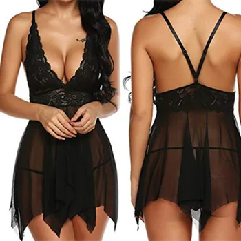 

Lace Lingerie Nightgown Women V Neck Sexy Sleepwear Strap Sleepdress Chemise 2019 Hot Nightdress Spaghetti