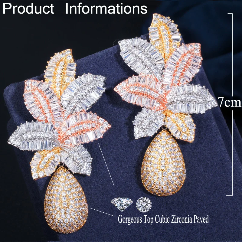 CWWZircons, 3 тона, золотые, Роскошные, с большим листом, Висячие, с микро кубическим цирконием, вымощенные, Naija, свадебные, вечерние серьги для женщин, CZ644