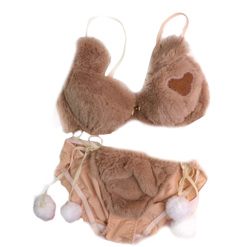 ladies underwear sets New Womens Lolita Kawaii 2pcs Bra Panty Set Cute Bear Fluffy Faux Fur Underwire Underwear Plush Ball Bow Anime Lingerie white bra and panty sets