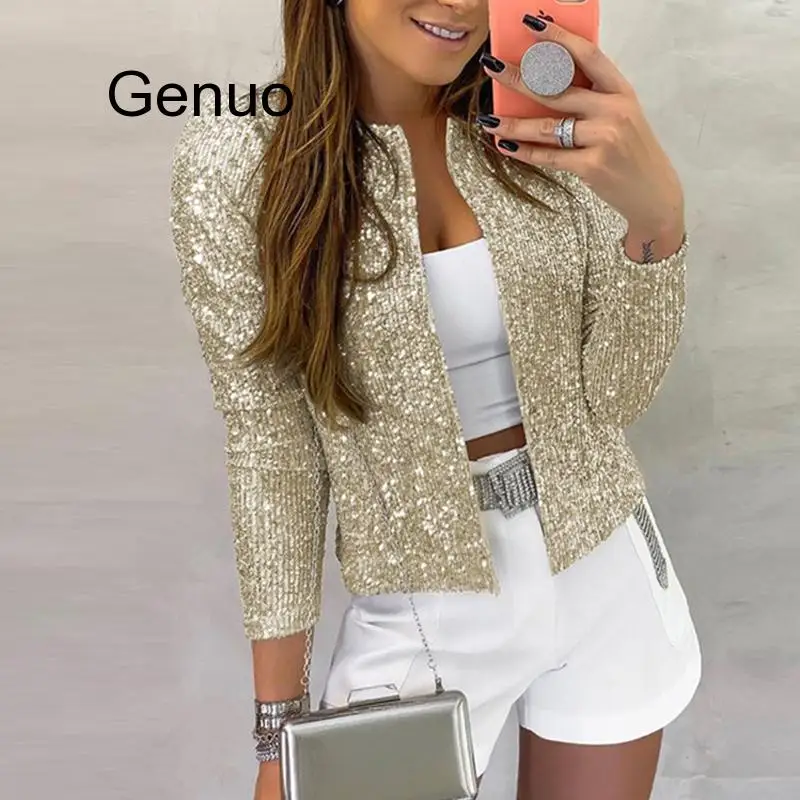 Women Jacket Sequined Bling Bling Glitter Coat Female Tops Open Front Stand Collar Long Sleeve Cool Party Clubwear