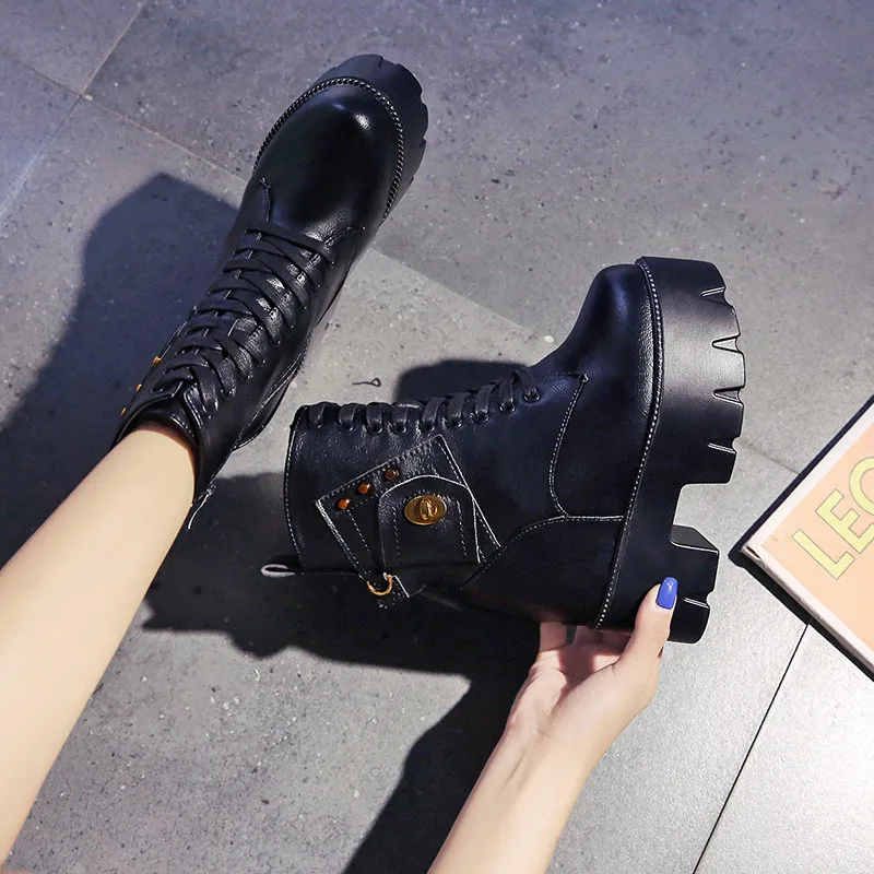 

Punk Boots Women Leather Platform Chunky Sneakers Autumn 10CM Wedge Heels Mid-Calf Boots Woman Winter Fur Warm Motorcycle Boots