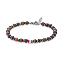 Runda Fashion Men'S Beaded Bracelet Tiger Eye Stone With Stainless Steel Ring Three-Color Flag Jewelry Boyfriend Holiday Gift