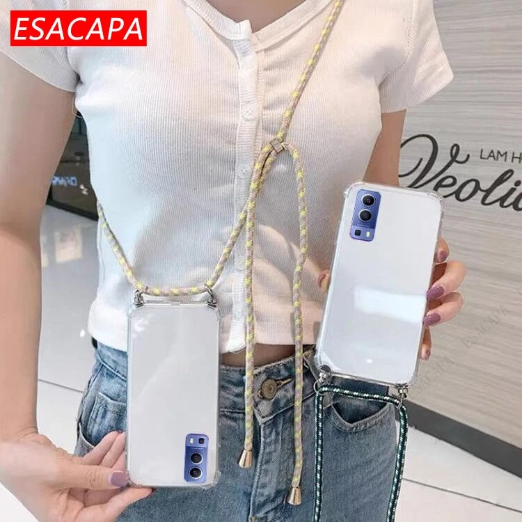 Shockproof Soft TPU Phone Case with Lanyard Neck Strap Cord - Transparent