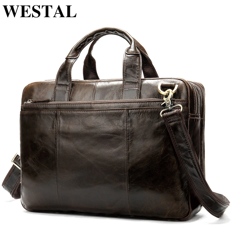 WESTAL Briefcase Male Messenger Bag Men's Genuine Leather Bag for Document Men Shoulder Travel Handbags Satchel Laptop 14 Inch