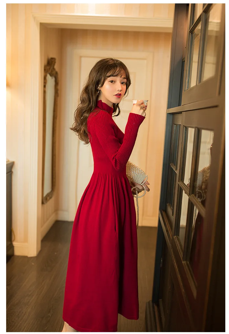 wine red Женское платье во французском стиле, новинка, высокое качество, плиссированное, эластичное, очаровательное, зимние платья, элегантное, тонкое, плотное, винно-красное, приталенное платье - Цвет: wine red