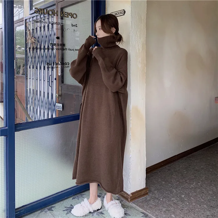Женское платье-свитер большого размера на осень и зиму, вязаное платье с высоким воротом и длинным рукавом, теплое Свободное длинное платье, плотный пуловер, новинка W075