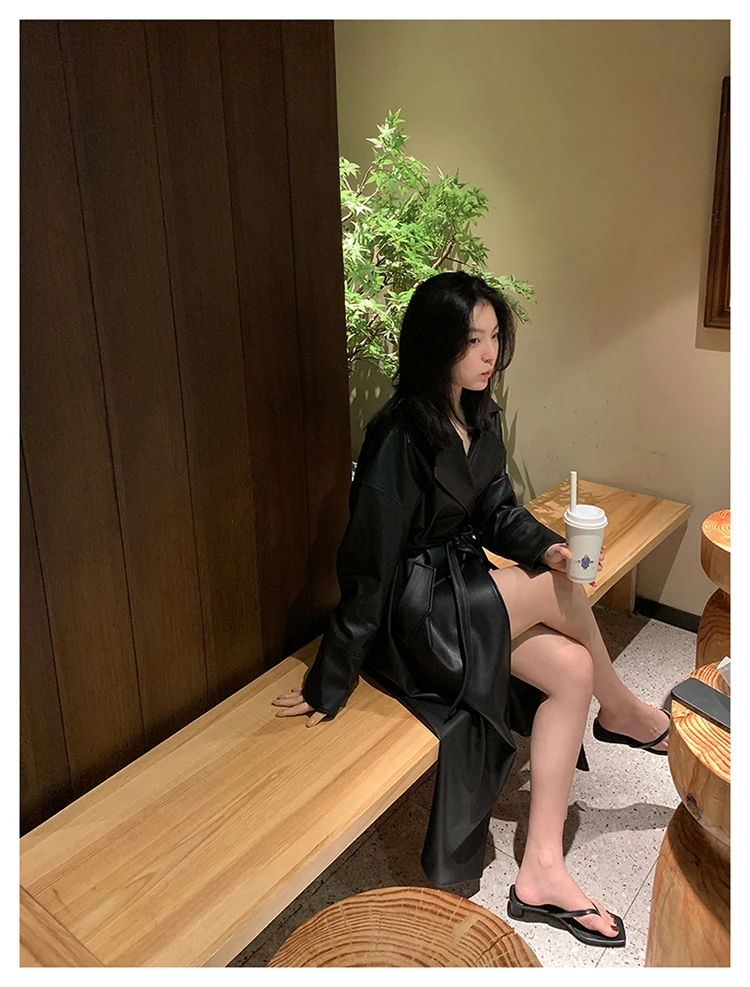 Lautaro Spring Autumn Long Oversized Black Leather Trench Coat for Women Sashes Single Button Loose Stylish Korean Fashion 2021 black parka