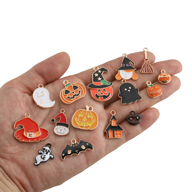 

1Pack Enamel Halloween Charms Mixed Candy Ghost Pumpkin Bat Spider Cat Hat Broom Alloy Pendant Jewelry Making Accessories