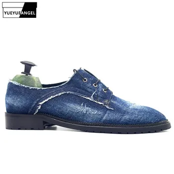

High Quality Denim Real Leather Shoes Men Japanese Style Washed Denim Canvas Shoes Lace Up Cowhide Office Party Dress Shoes