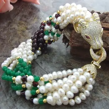 

H011813 8'' 8 Strands White Pearl Garnet Gems Stone Bracelet CZ Clasp