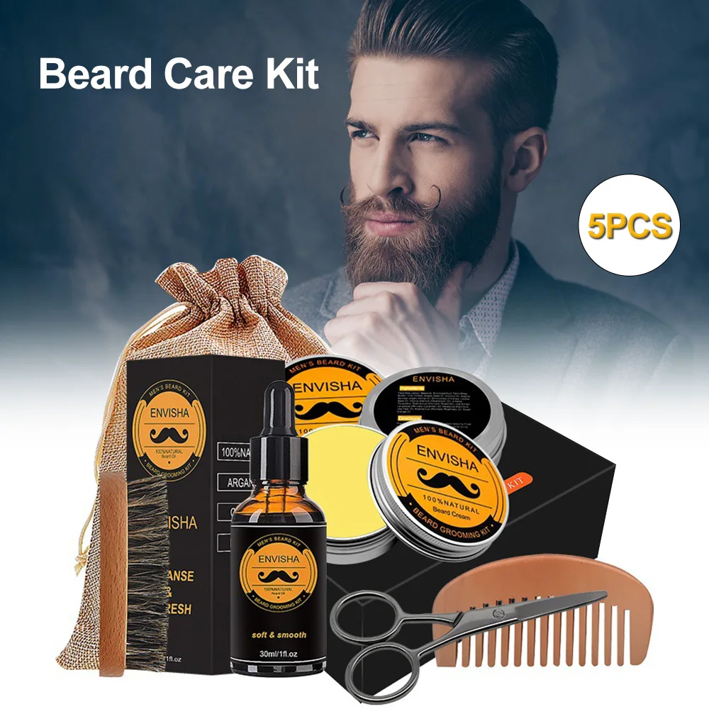 

5Pcs/Set Men Beard Grooming Kit 5-in-1 Mustache & Beard Styling Tools Beard Oil Beard Balm Beard Brush Beard Scissors Men Gift