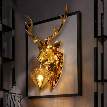 

Nordic Art Golden Deer Head Design Wall Lamp Creative Resin Hotel Villa Hall Clothes Shop Decorative Indoor Wall Lighting