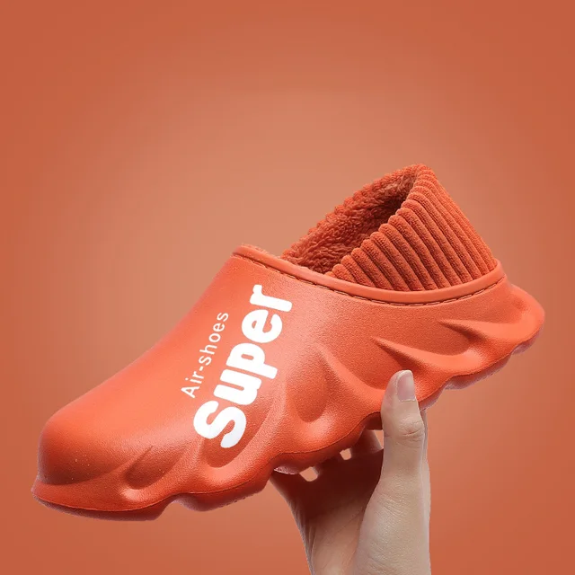 2021 New Winter Slippers Warm Men Shoes Waterproof Women Couples Non-Slip Plush Cotton Indoor Outdoor Cozy Home Autumn Thick Hee Orange 36-39