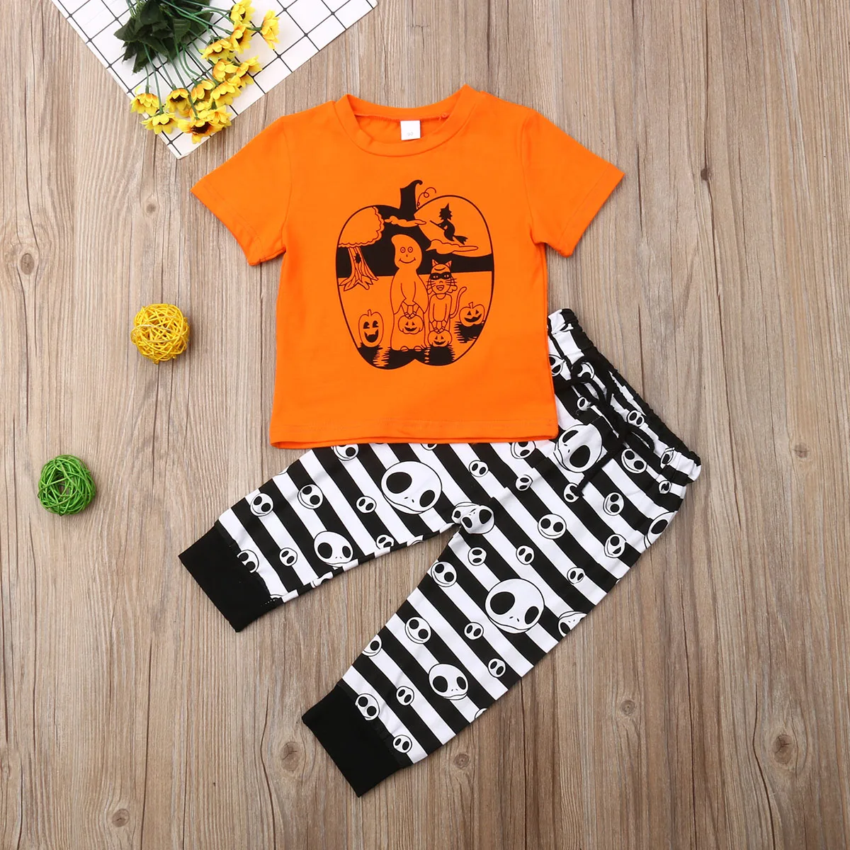 2019 New Newborn Baby Boy Girl Halloween Pumpkin Costume Short Sleeve Top T-shirt Stripe Pants Clothes Sets 1-5Y Dropshipping
