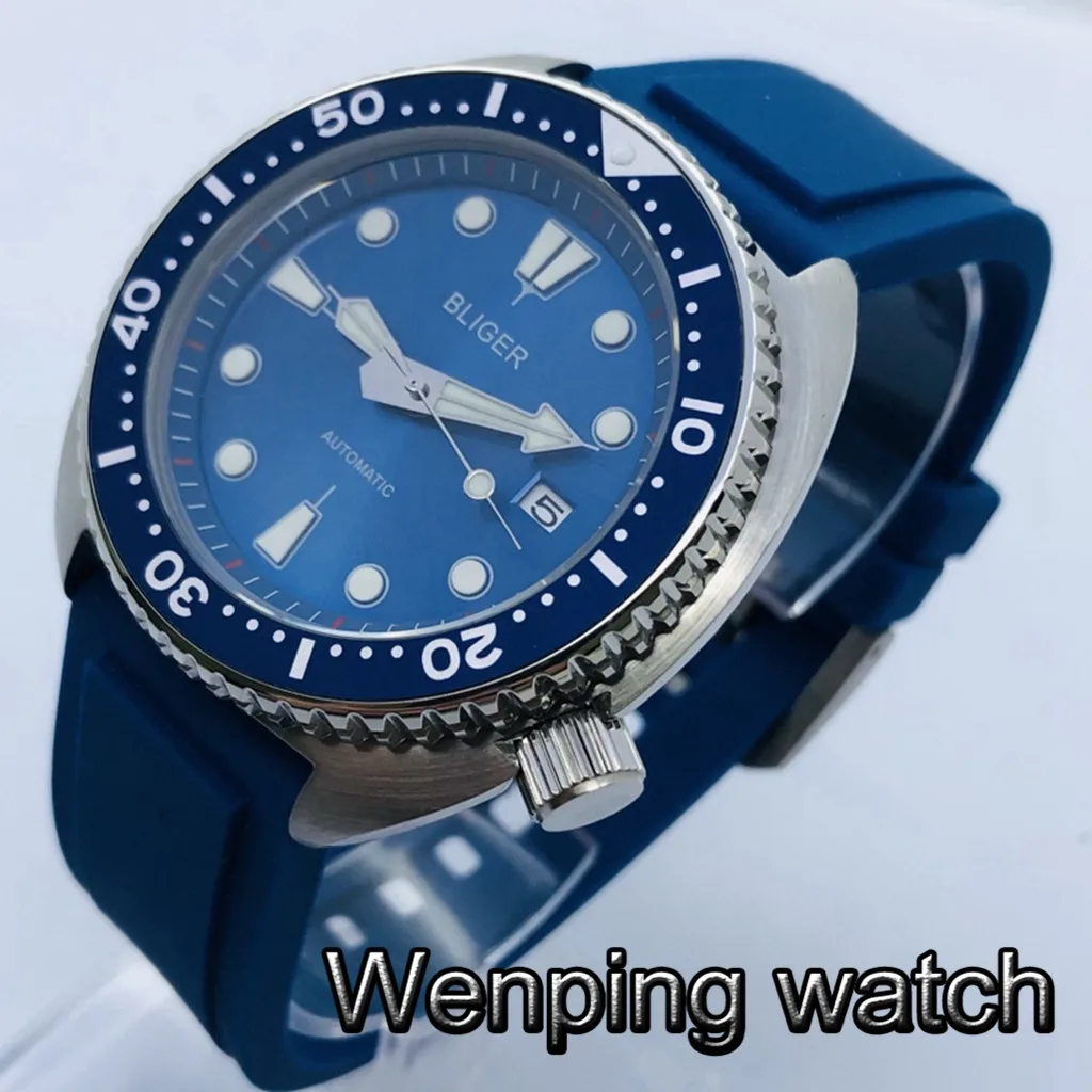 

Bliger 45mm Silver Case Sapphire Glass Blue Dial C3 Luminous Waterproof Rubber Strap NH35 Movement Men's Top Automatic Watch