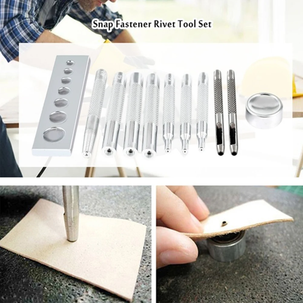 11pcs DIY Snap Rivet Tool Kit Fastener Buttons Accessories Leather Craft Home Handmade Setter Base Punch Installation