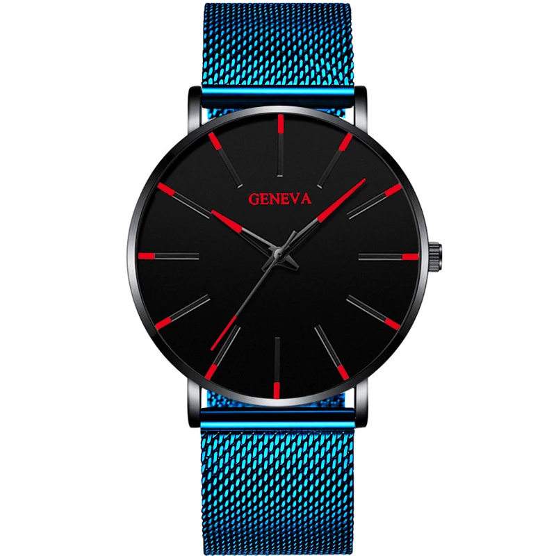 2022 Geneva Minimalist Watch Men Ultra Thin Blue Stainless Steel Mesh Belt Watches Man Business Casual Quartz Wrist Watch 