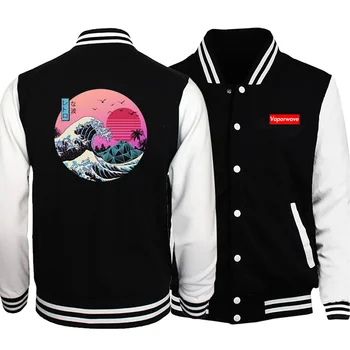 

Men Vaporwave trend print baseball jackets long sleeve plus velvet warm jacket Coat 2020 Autumn Stand collar button coats Jacket