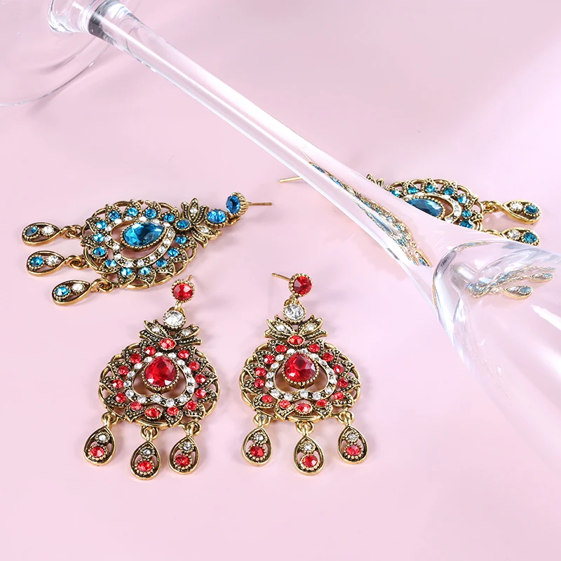 Bridal Jewelry Sets Vintage Look Jewelry Sets Pendants Necklace Earring For Women Gold-Color Mosaic Blue Crystal Party Gifts