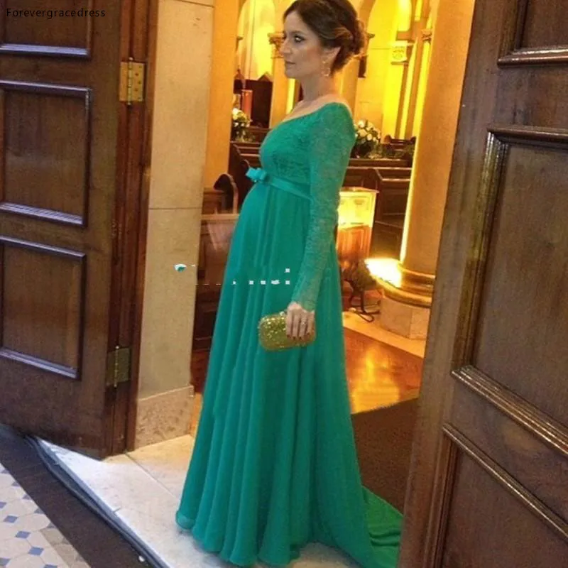 New Elegant Long Sleeve Evening Dress For Pregnant Women Bow Sash Green Women Evening Party Gown Prom Dresses Free Shipping Formal Gown JS66 139