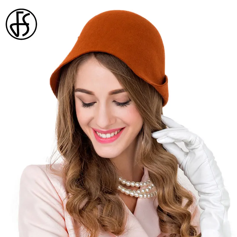 Wool Cloche Hats Women Wide Brim Felt 