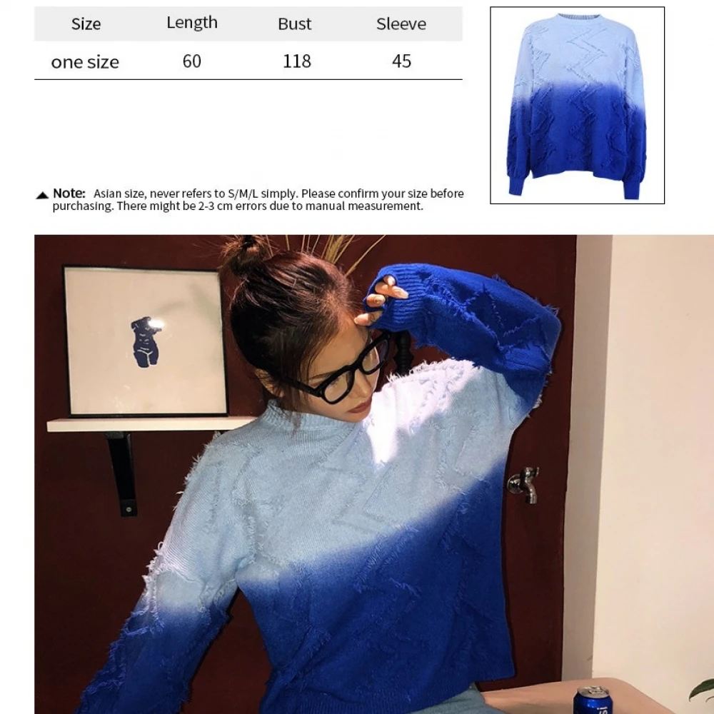 Autumn Winter Fashion Sweet Women Loose Casual Gradient Tassel Pullover Sweater Blue White Korean Sweater Pull Femme Nouveaute