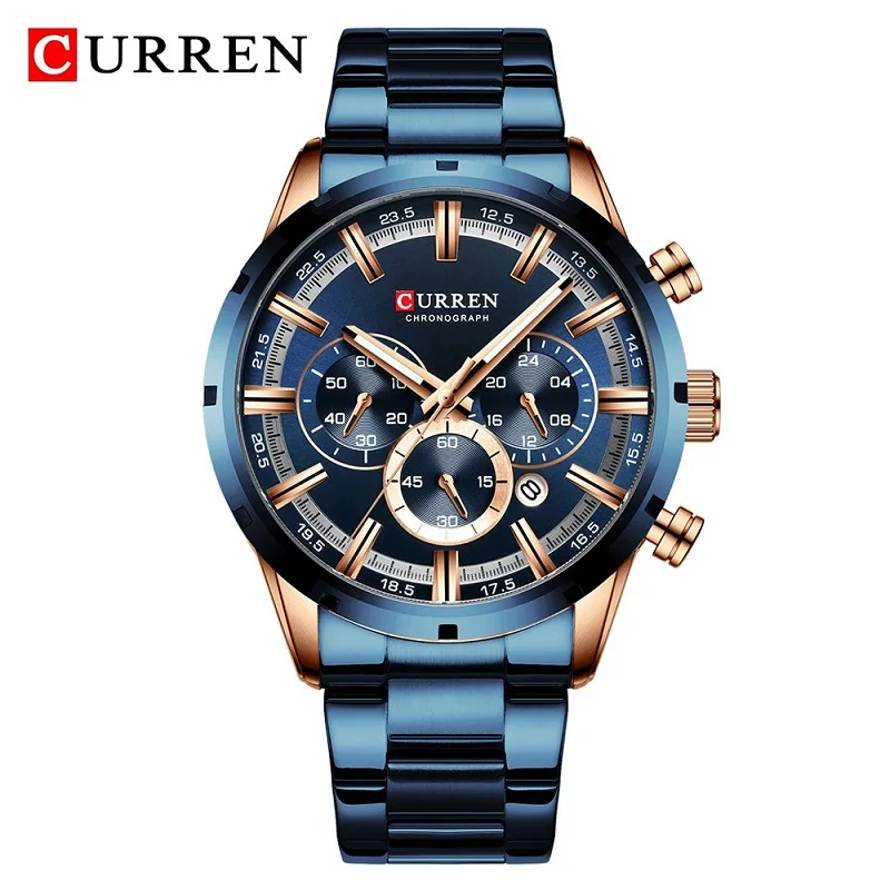 Blue Новинка CURREN Лидирующий бренд мужские s часы Роскошные хронограф спортивные водонепроницаемые кварцевые часы для мужчин полный стальной бизнес часы наручные часы - Цвет: Blue