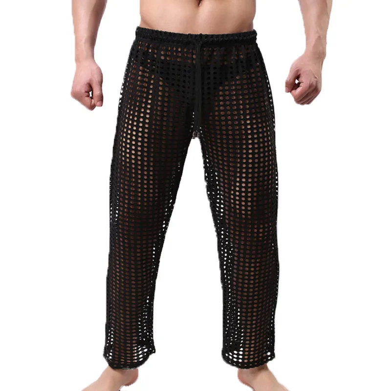 Men Pyjamas Trousers Mesh Home Pants Fishnet Transparent Casual Breathable Homewear Lacing Sexy Sleep Bottoms Loose Lounge Pants
