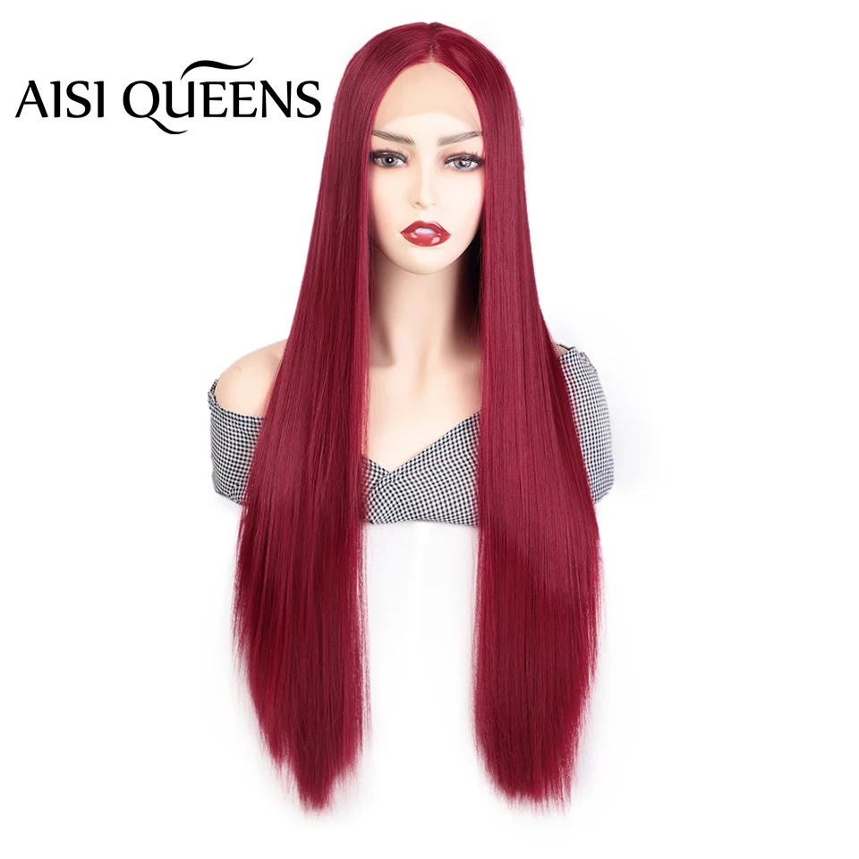 Aisi Queens синтетический парик на кружеве длинные прямые средние части красный оранжевый для Черный Белый для женщин Косплей натуральные волосы