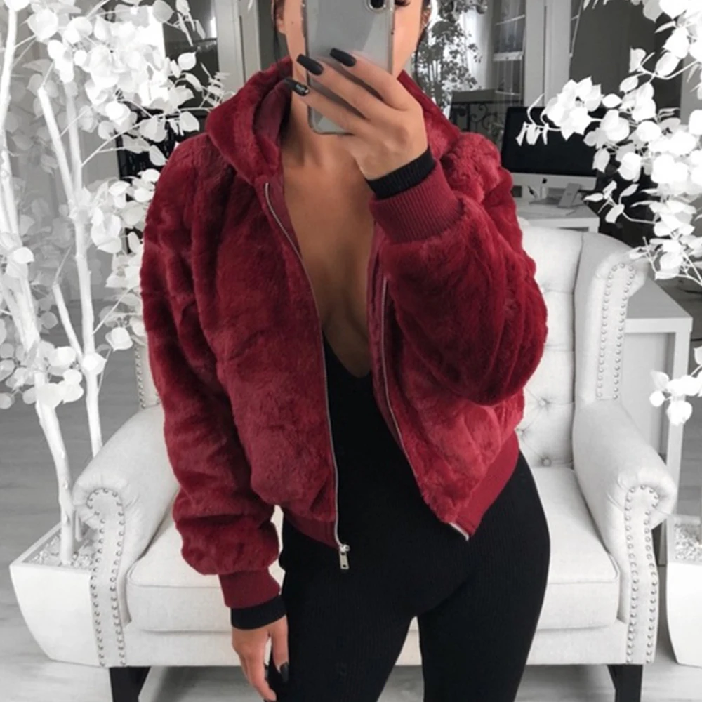 

2020 New Faux Fur Women Coat With Hood High Waist Fashion Slim Black Red Pink Faux Fur Jacket Fake Rabbit Fur Coats