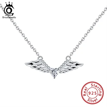

ORSA JEWELS Real Sterling 925 Silver Necklaces Solitaire AAAA Zircon Angel Wing Design Fixed Pendant Ornament For Female SSN242