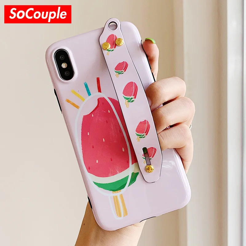 

SoCouple Fruit Watermelon Wrist Strap Case For iphone XR X Xs max Phone Holder Case For iphone 7 8 6 6s plus Cute Ice Cream Case