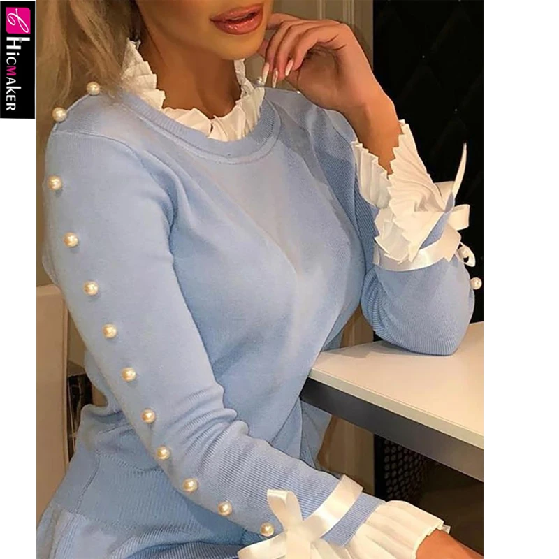  Women Bowknot Buttoned Bell Cuff Blouse Chic Spring Fall Long Sleeve Splicing Elegant Top Beading D