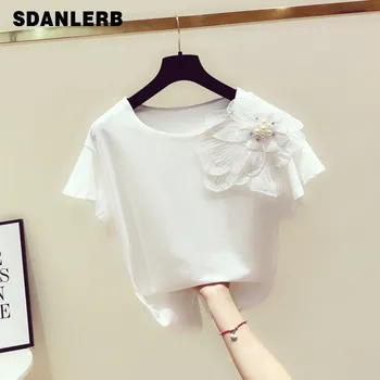 

2020 Hand-Made Beaded Three-dimensional Embroidery Flower Decorative Round Neck Short Sleeve T-shirt Female Summer Tshirt Top