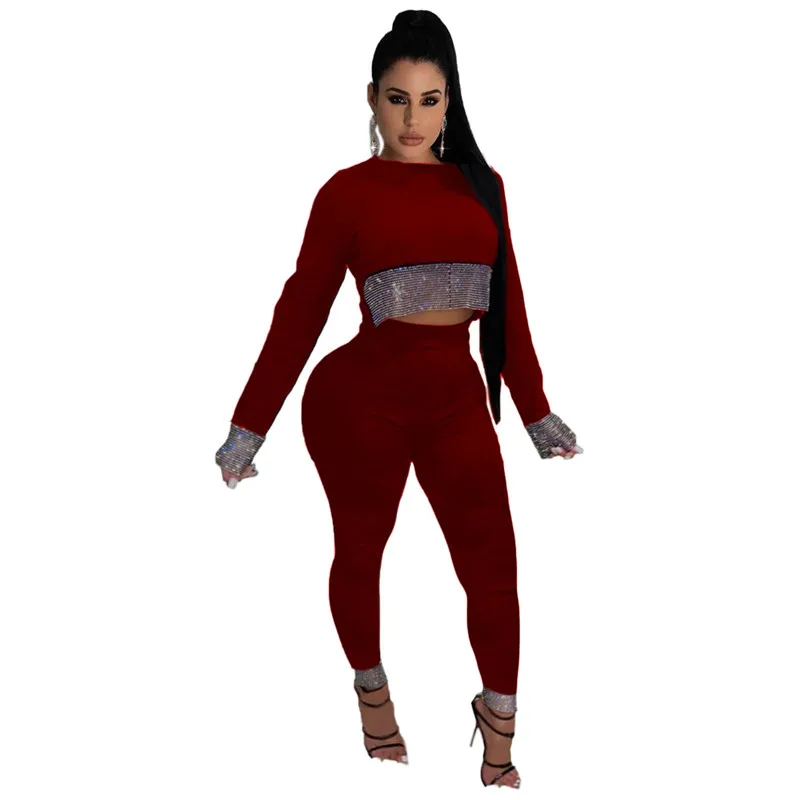 Simple Pure Color O Neck Long Sleeve Crop Top And Pants 2 Pieces Set Casual Lady Fashion Tracksuits |