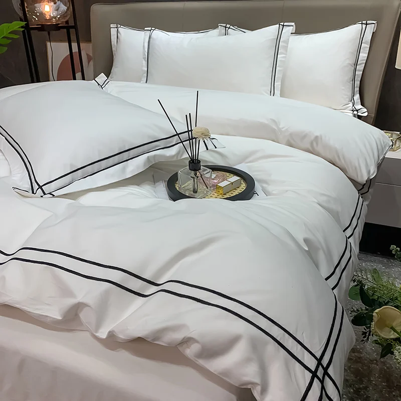 

Simple Style Solid Color 400TC Cotton Embroidery Bedding Set Wedding Gifts Duvet Cover Bed Sheet Bed Linen Pillowcases 4pcs /sw