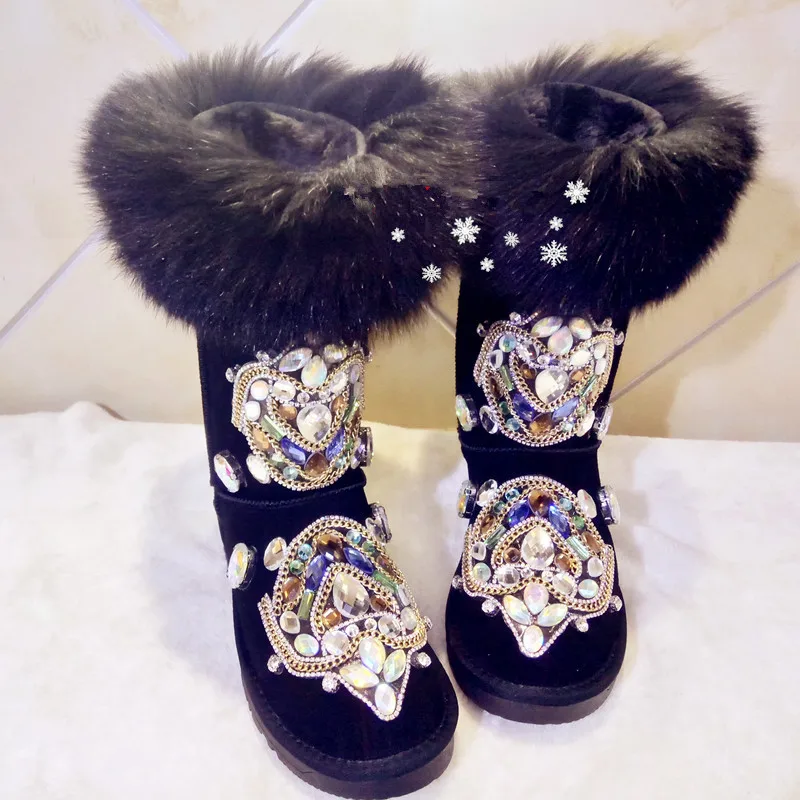 

Real Fox fur Fur Winter Boots Rhinestones Diamond Fashion Snow Boots Thick Warm High-Top Women Shoes Large Size 40