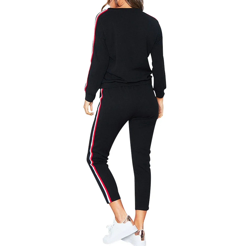 Womens 2pcs Tracksuits Set Ladies Striped Active Sportwear O-neck Long Sleeve Velvet Fabric Sweatshirts Pants suits For Female