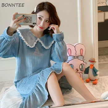 

Nightgowns Women Long Sleeve Soft Winter Warm Home Wear Lovely Ruffles Lace Female Clothes Thickening Loose Korean Style New Hot